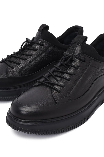 Erkek Siyah Bağcıklı Deri Sneaker