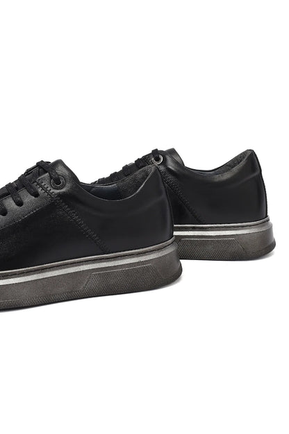 Erkek Siyah Bağcıklı Deri Sneaker