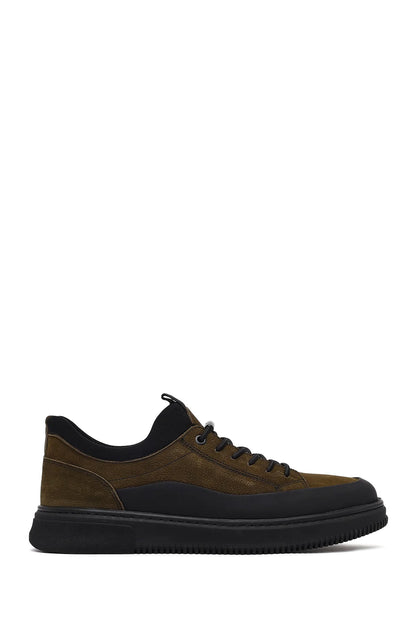Erkek Haki Bağcıklı Kalın Tabanlı Nubuk Deri Sneaker