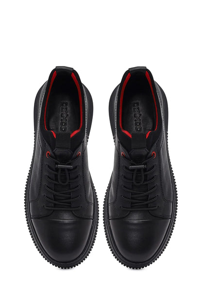 Erkek Siyah Bağcıklı Deri Sneaker