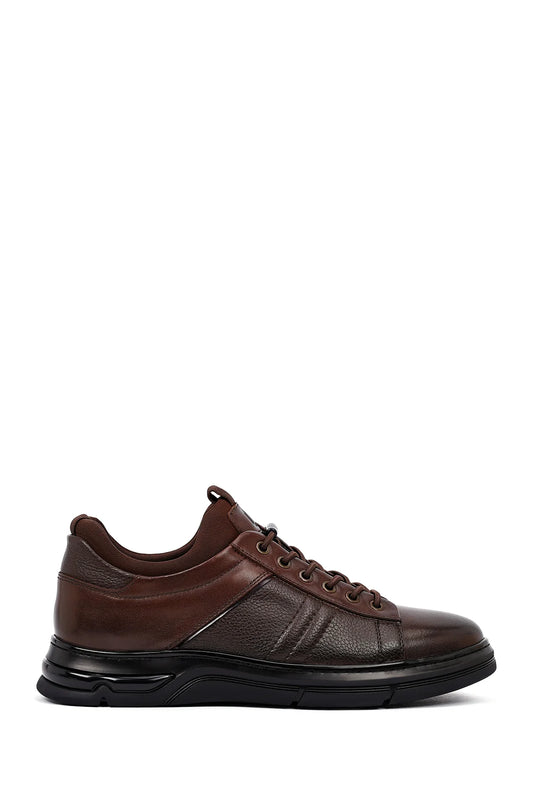 Erkek Kahverengi Bağcıklı Kalın Tabanlı Deri Casual Sneaker