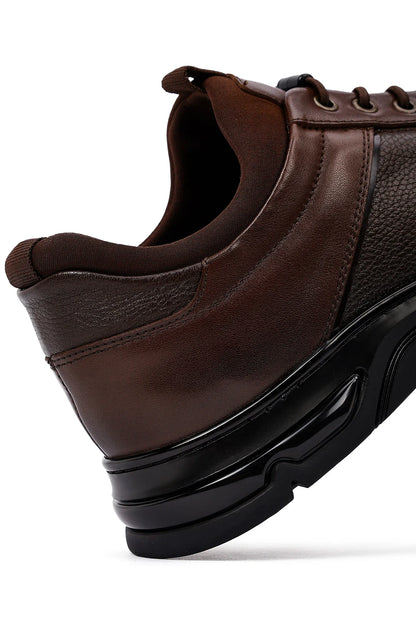 Erkek Kahverengi Bağcıklı Kalın Tabanlı Deri Casual Sneaker