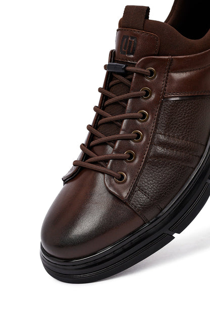 Erkek Kahverengi Bağcıklı Kalın Tabanlı Deri Casual Sneaker