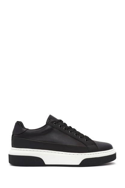 Erkek Siyah Bağcıklı Kalın Tabanlı Deri Sneaker