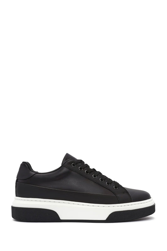 Erkek Siyah Bağcıklı Kalın Tabanlı Deri Sneaker