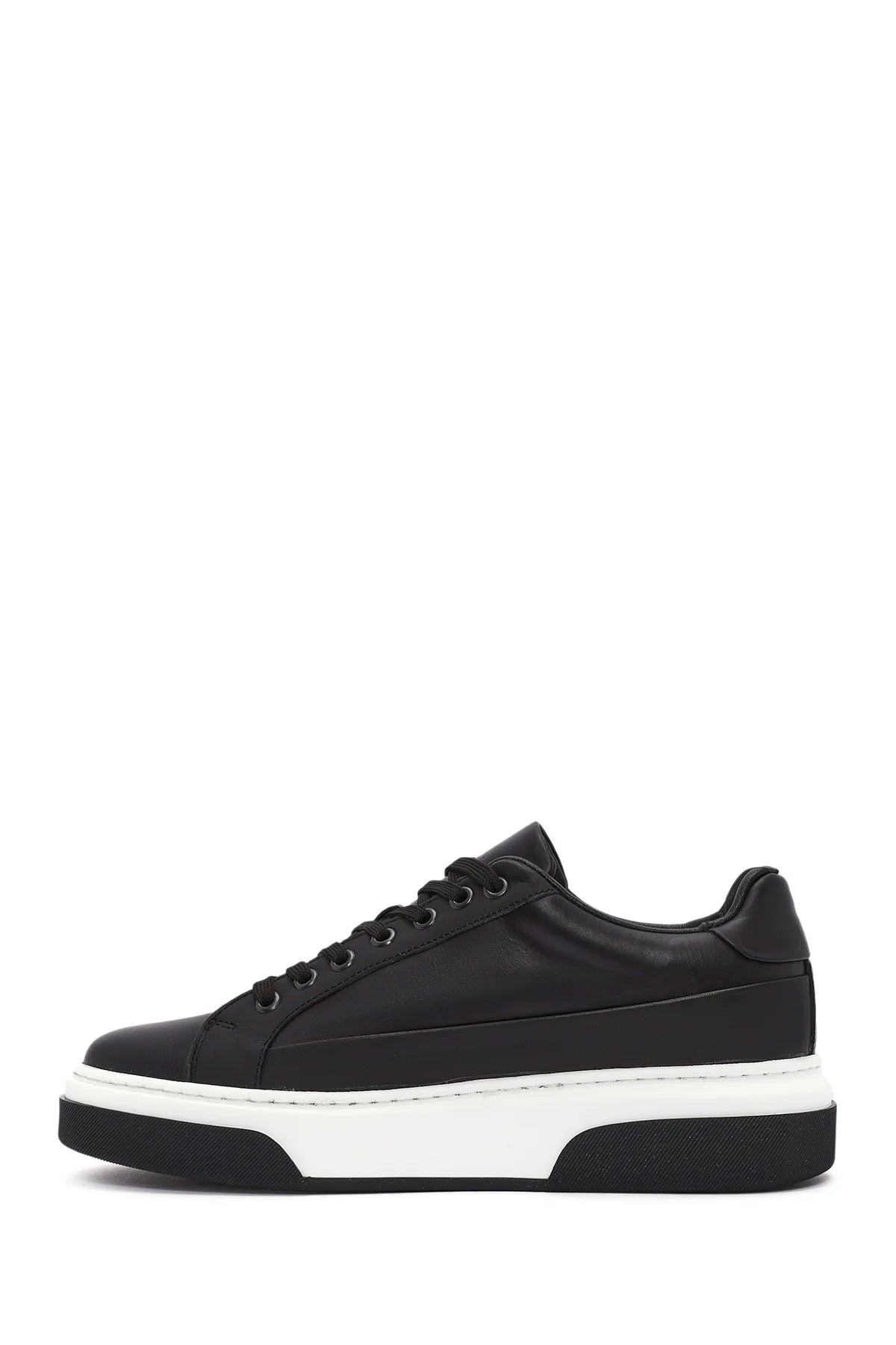 Erkek Siyah Bağcıklı Kalın Tabanlı Deri Sneaker