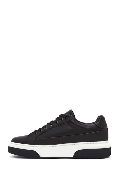 Erkek Siyah Bağcıklı Kalın Tabanlı Deri Sneaker