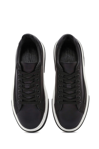 Erkek Siyah Bağcıklı Kalın Tabanlı Deri Sneaker