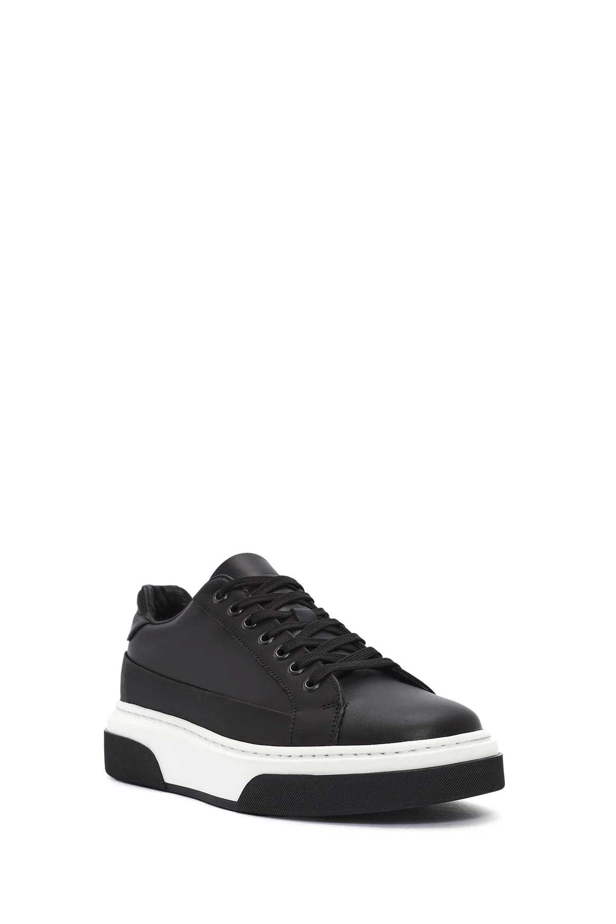 Erkek Siyah Bağcıklı Kalın Tabanlı Deri Sneaker