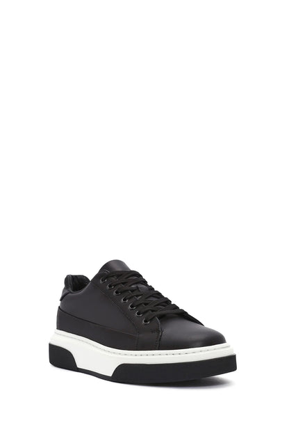 Erkek Siyah Bağcıklı Kalın Tabanlı Deri Sneaker