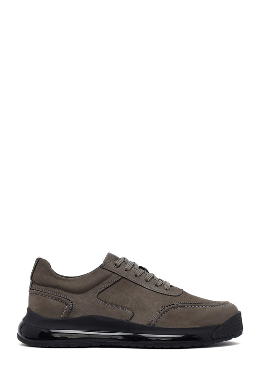 Erkek Gri Bağcıklı Kalın Tabanlı Nubuk Deri Sneaker