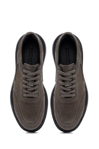 Erkek Gri Bağcıklı Kalın Tabanlı Nubuk Deri Sneaker