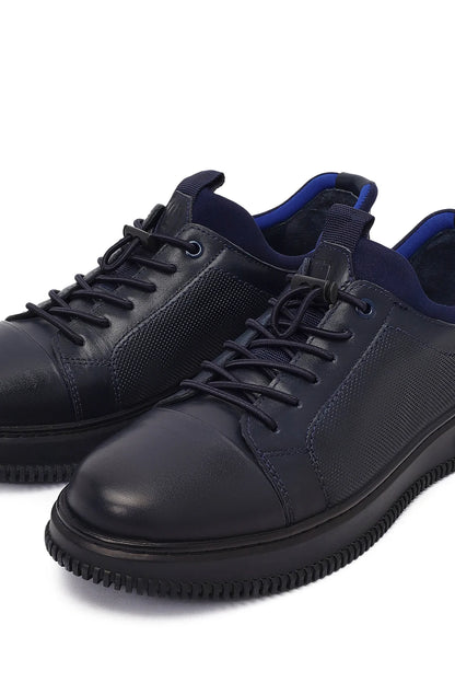 Erkek Lacivert Bağcıklı Deri Sneaker