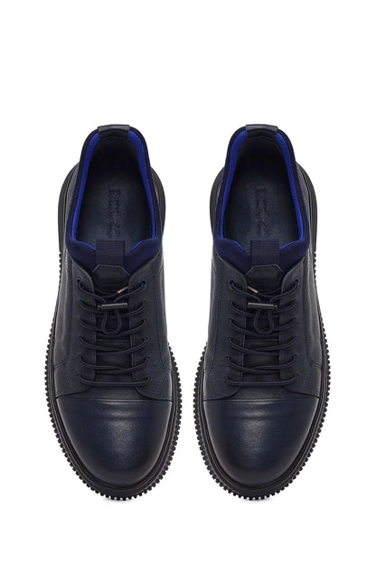 Erkek Lacivert Bağcıklı Deri Sneaker