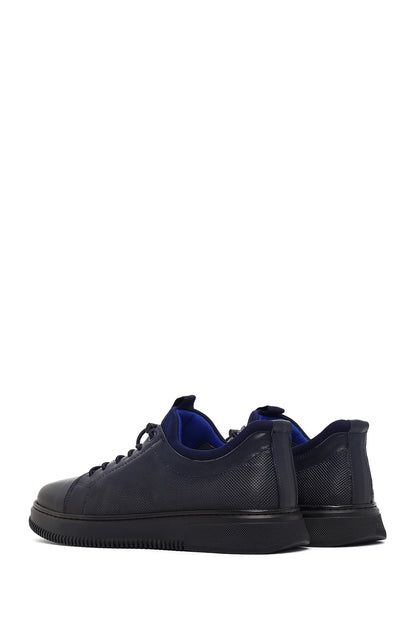 Erkek Lacivert Bağcıklı Deri Sneaker
