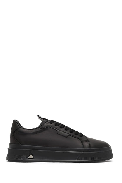Erkek Siyah Bağcıklı Kalın Tabanlı Deri Sneaker