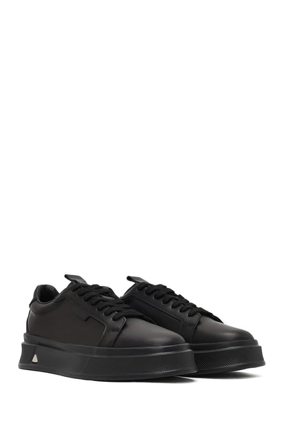 Erkek Siyah Bağcıklı Kalın Tabanlı Deri Sneaker