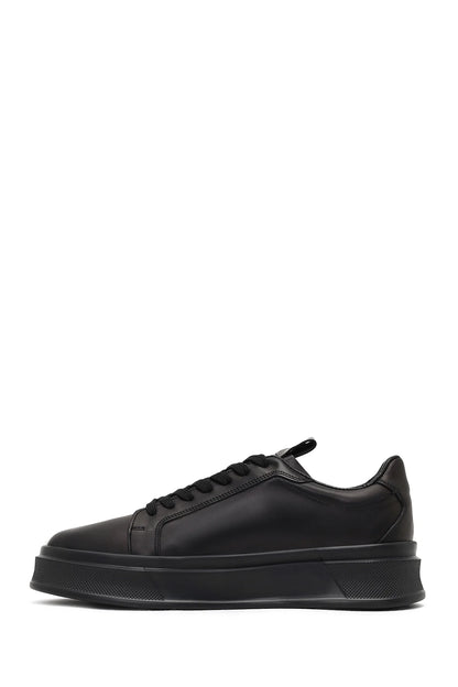 Erkek Siyah Bağcıklı Kalın Tabanlı Deri Sneaker