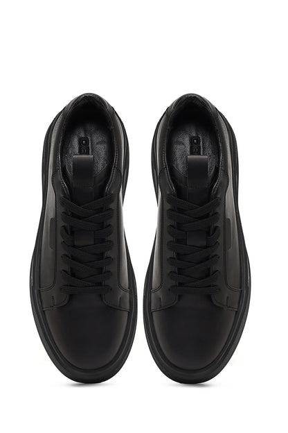 Erkek Siyah Bağcıklı Kalın Tabanlı Deri Sneaker