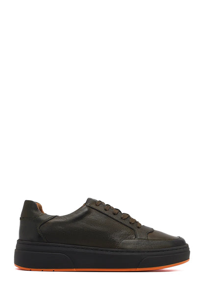 Erkek Haki Bağcıklı Kalın Tabanlı Deri Sneaker