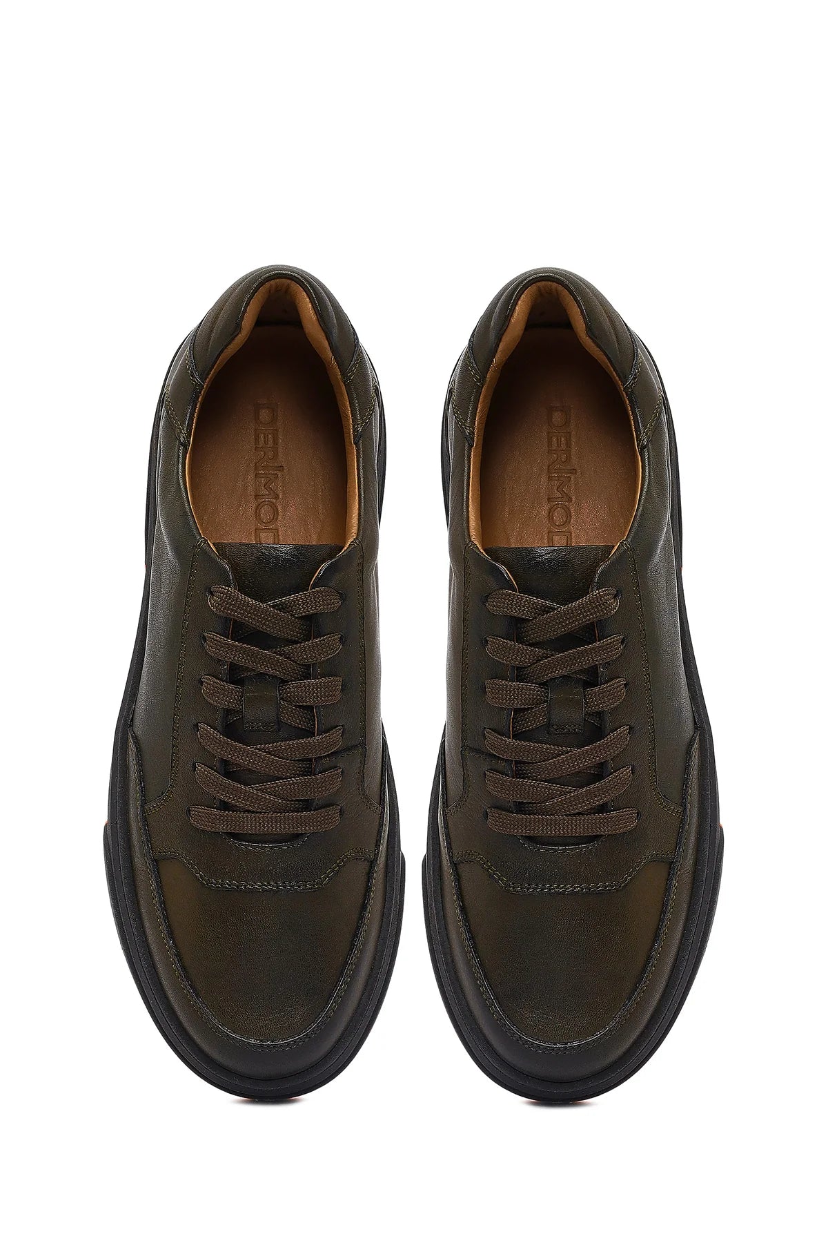 Erkek Haki Bağcıklı Kalın Tabanlı Deri Sneaker