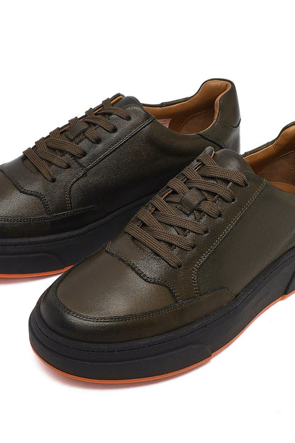 Erkek Haki Bağcıklı Kalın Tabanlı Deri Sneaker