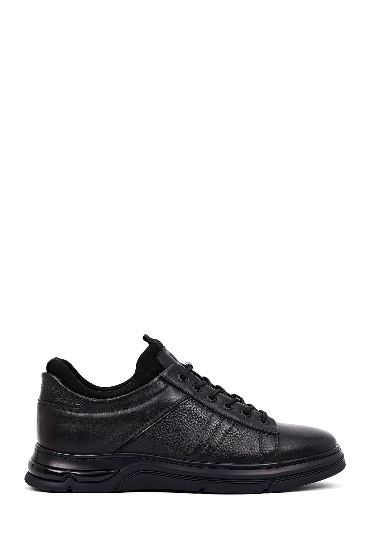 Erkek Siyah Bağcıklı Kalın Tabanlı Deri Casual Sneaker