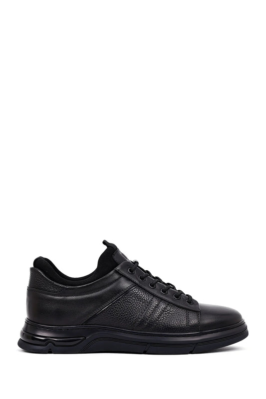Erkek Siyah Bağcıklı Kalın Tabanlı Deri Casual Sneaker