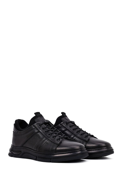 Erkek Siyah Bağcıklı Kalın Tabanlı Deri Casual Sneaker