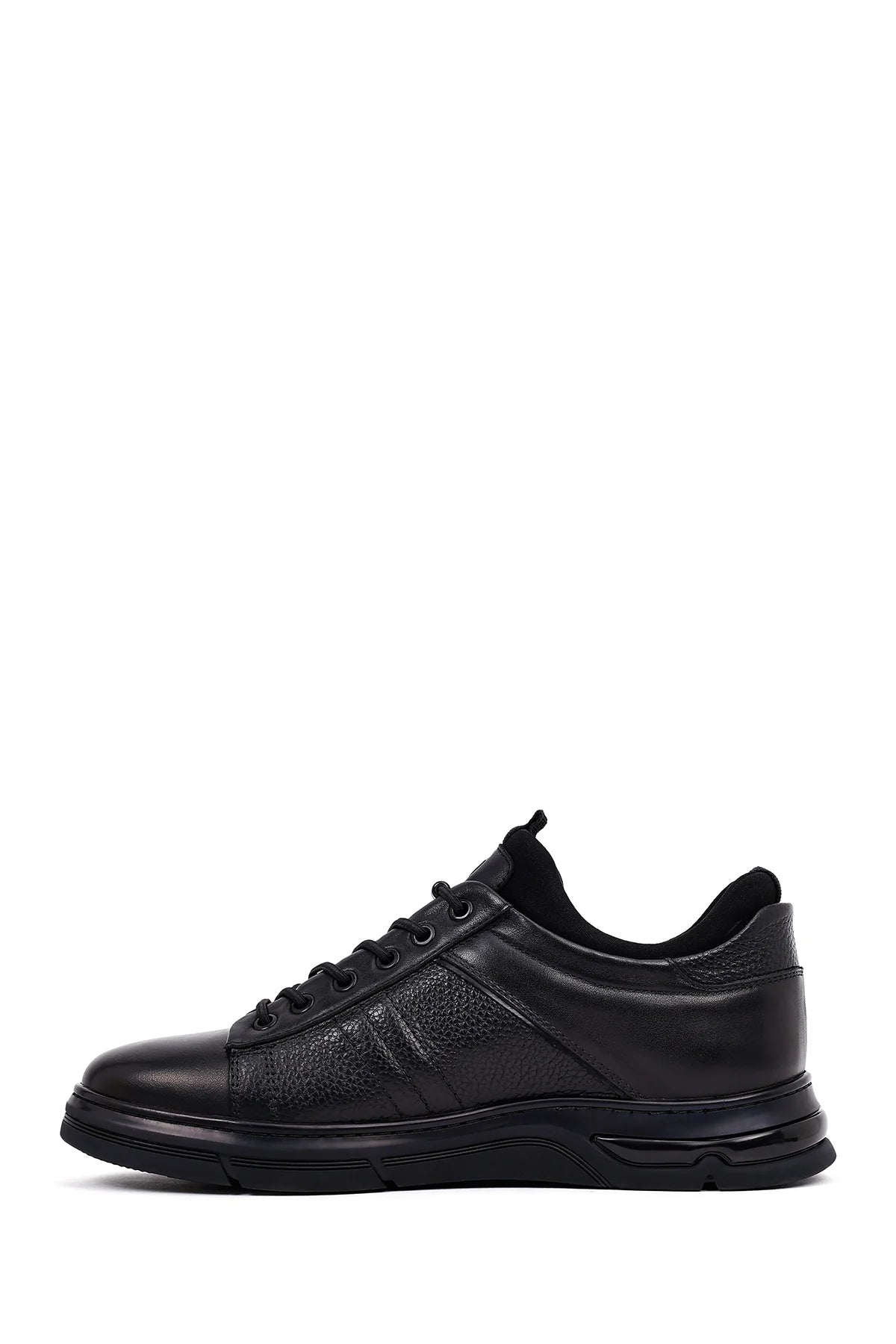 Erkek Siyah Bağcıklı Kalın Tabanlı Deri Casual Sneaker