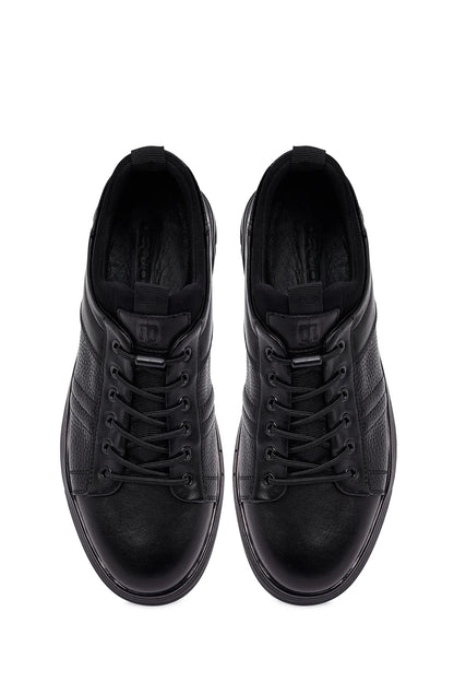 Erkek Siyah Bağcıklı Kalın Tabanlı Deri Casual Sneaker