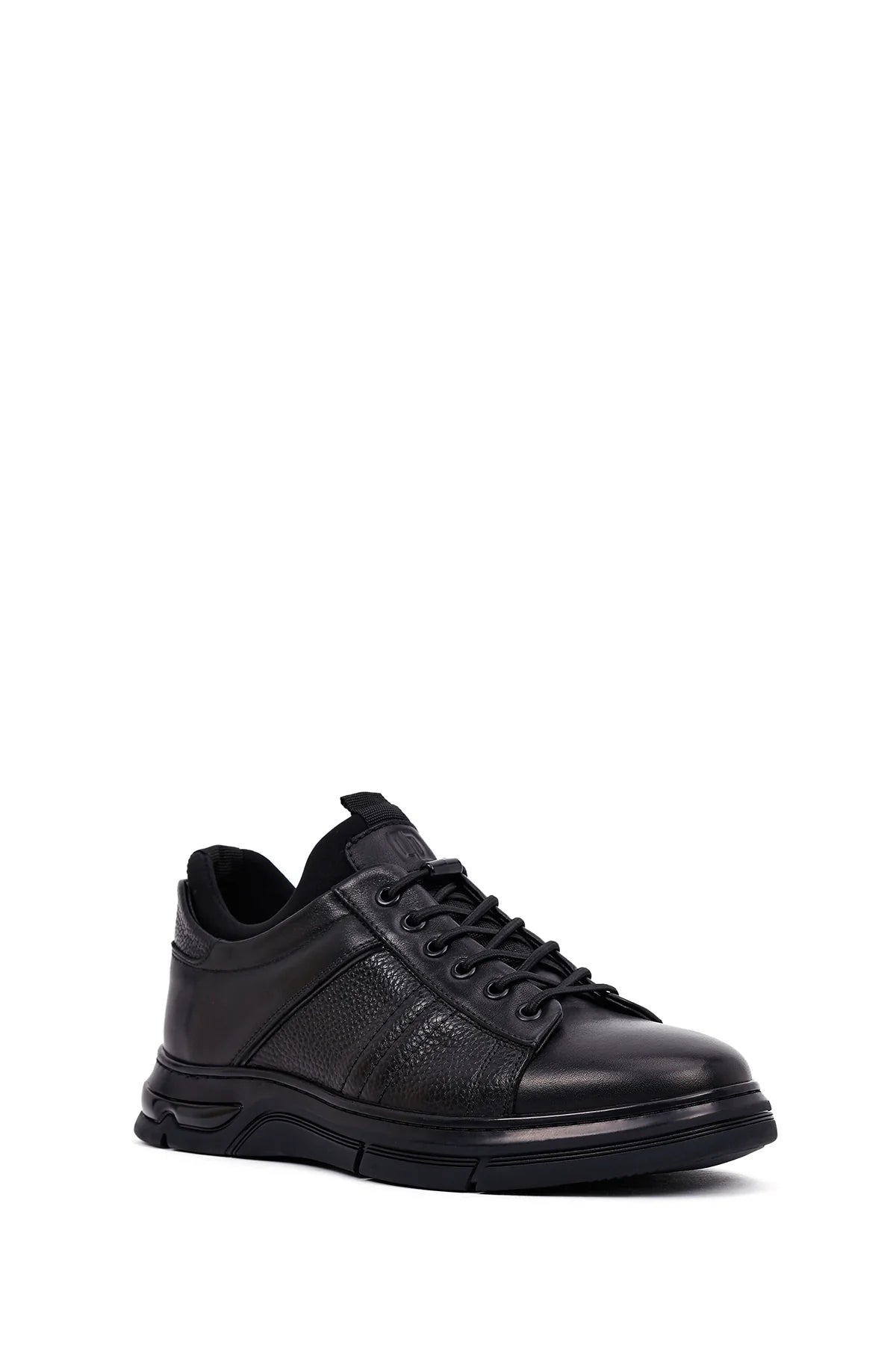 Erkek Siyah Bağcıklı Kalın Tabanlı Deri Casual Sneaker