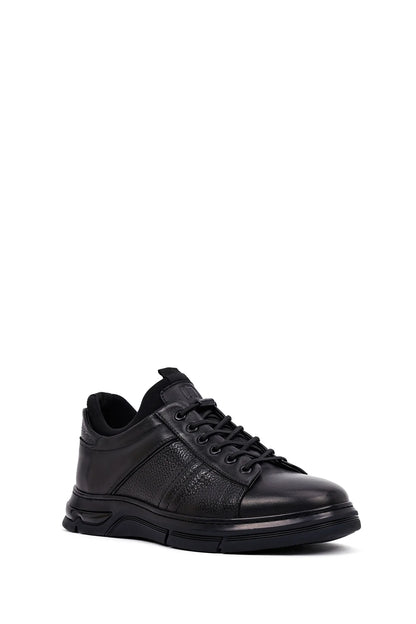 Erkek Siyah Bağcıklı Kalın Tabanlı Deri Casual Sneaker