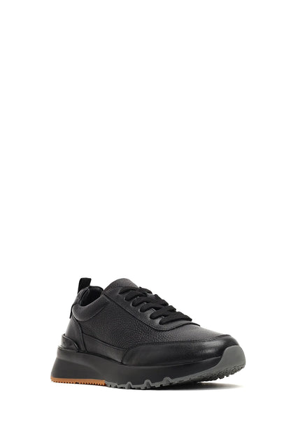 Erkek Siyah Bağcıklı Kalın Tabanlı Deri Sneaker