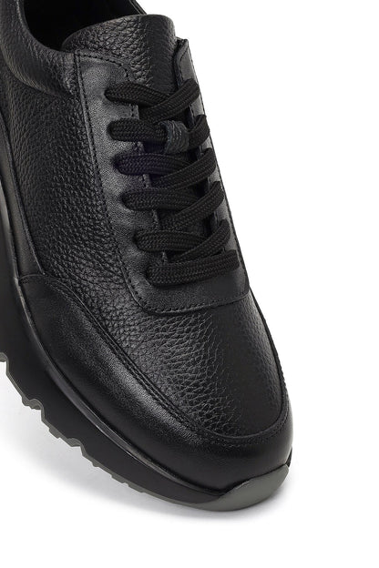 Erkek Siyah Bağcıklı Kalın Tabanlı Deri Sneaker
