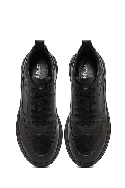 Erkek Siyah Bağcıklı Kalın Tabanlı Deri Sneaker