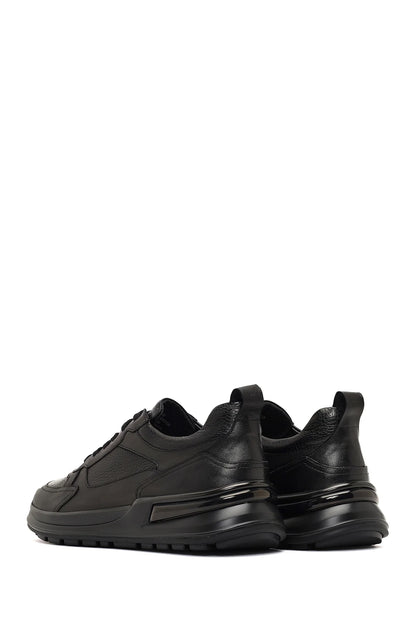 Erkek Siyah Bağcıklı Kalın Tabanlı Deri Sneaker