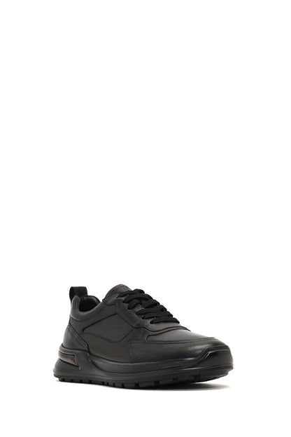 Erkek Siyah Bağcıklı Kalın Tabanlı Deri Sneaker