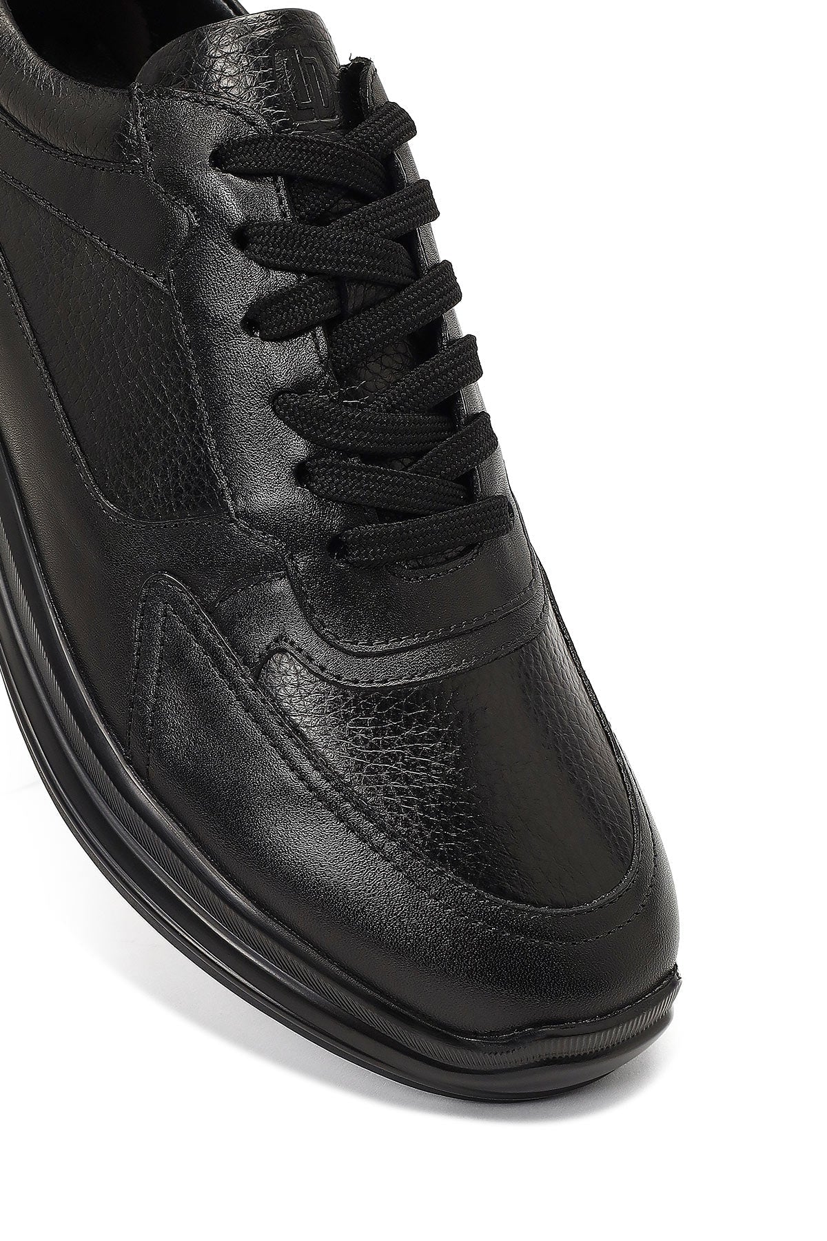 Erkek Siyah Bağcıklı Kalın Tabanlı Deri Sneaker