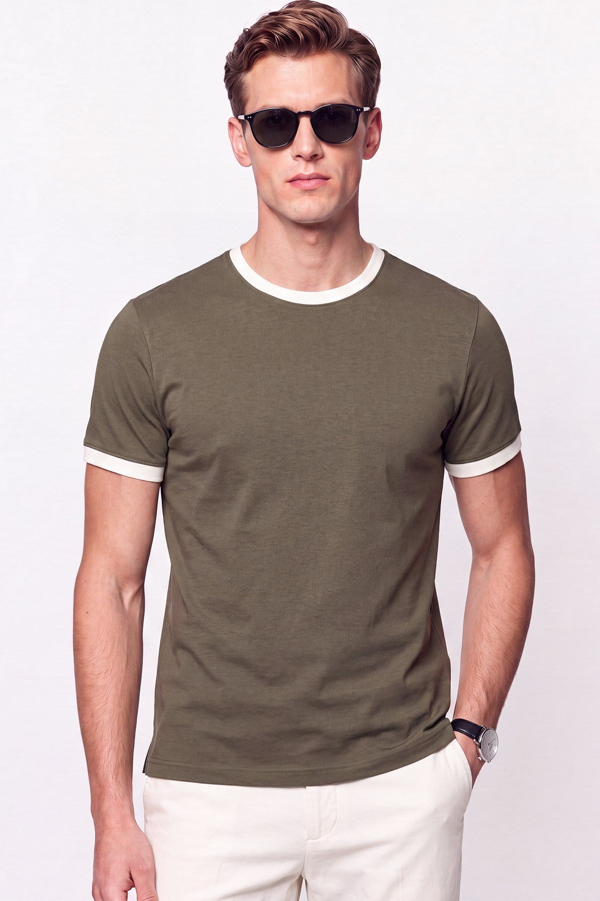 Slim Fit Bisiklet Yaka Haki - Ekru Tişört Ts 932