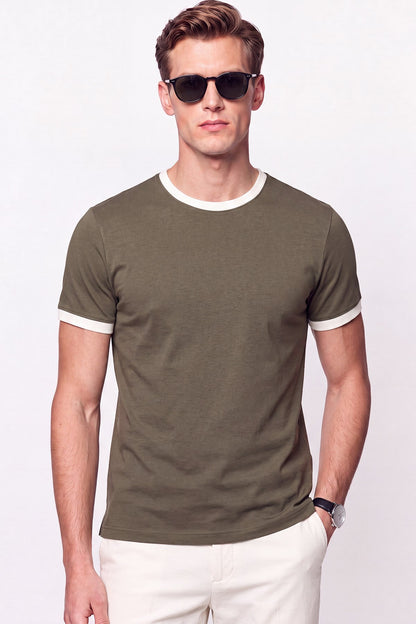 Slim Fit Bisiklet Yaka Haki - Ekru Tişört Ts 932