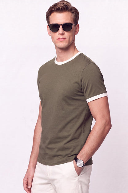 Slim Fit Bisiklet Yaka Haki - Ekru Tişört Ts 932