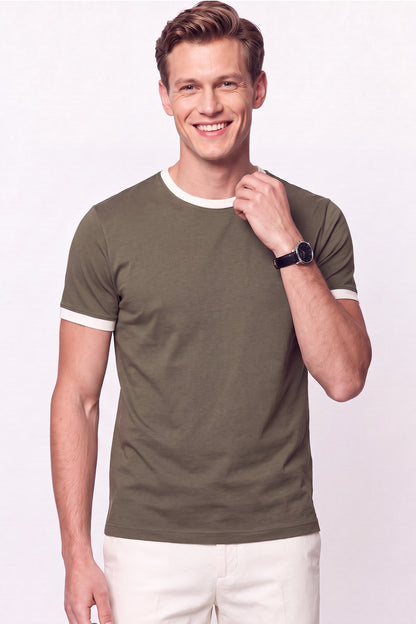Slim Fit Bisiklet Yaka Haki - Ekru Tişört Ts 932