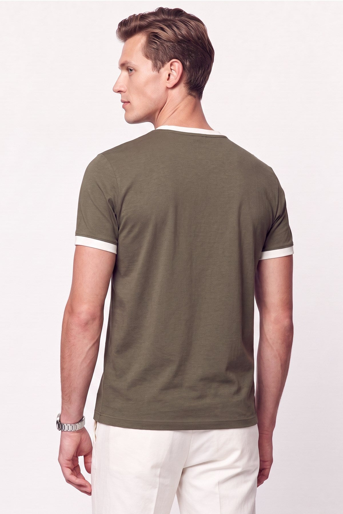 Slim Fit Bisiklet Yaka Haki - Ekru Tişört Ts 932