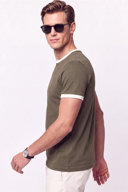 Slim Fit Bisiklet Yaka Haki - Ekru Tişört Ts 932
