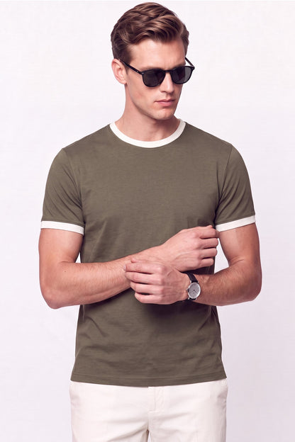 Slim Fit Bisiklet Yaka Haki - Ekru Tişört Ts 932