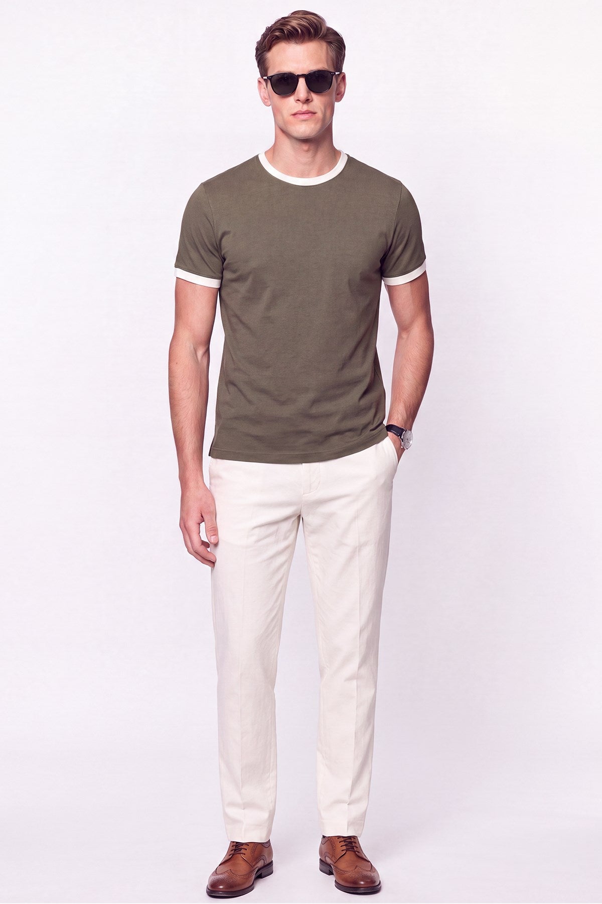 Slim Fit Bisiklet Yaka Haki - Ekru Tişört Ts 932