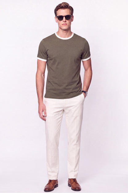 Slim Fit Bisiklet Yaka Haki - Ekru Tişört Ts 932