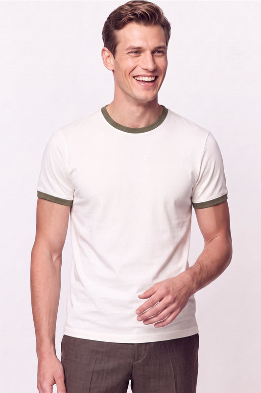 Slim Fit Bisiklet Yaka Ekru - Haki Tişört Ts 932