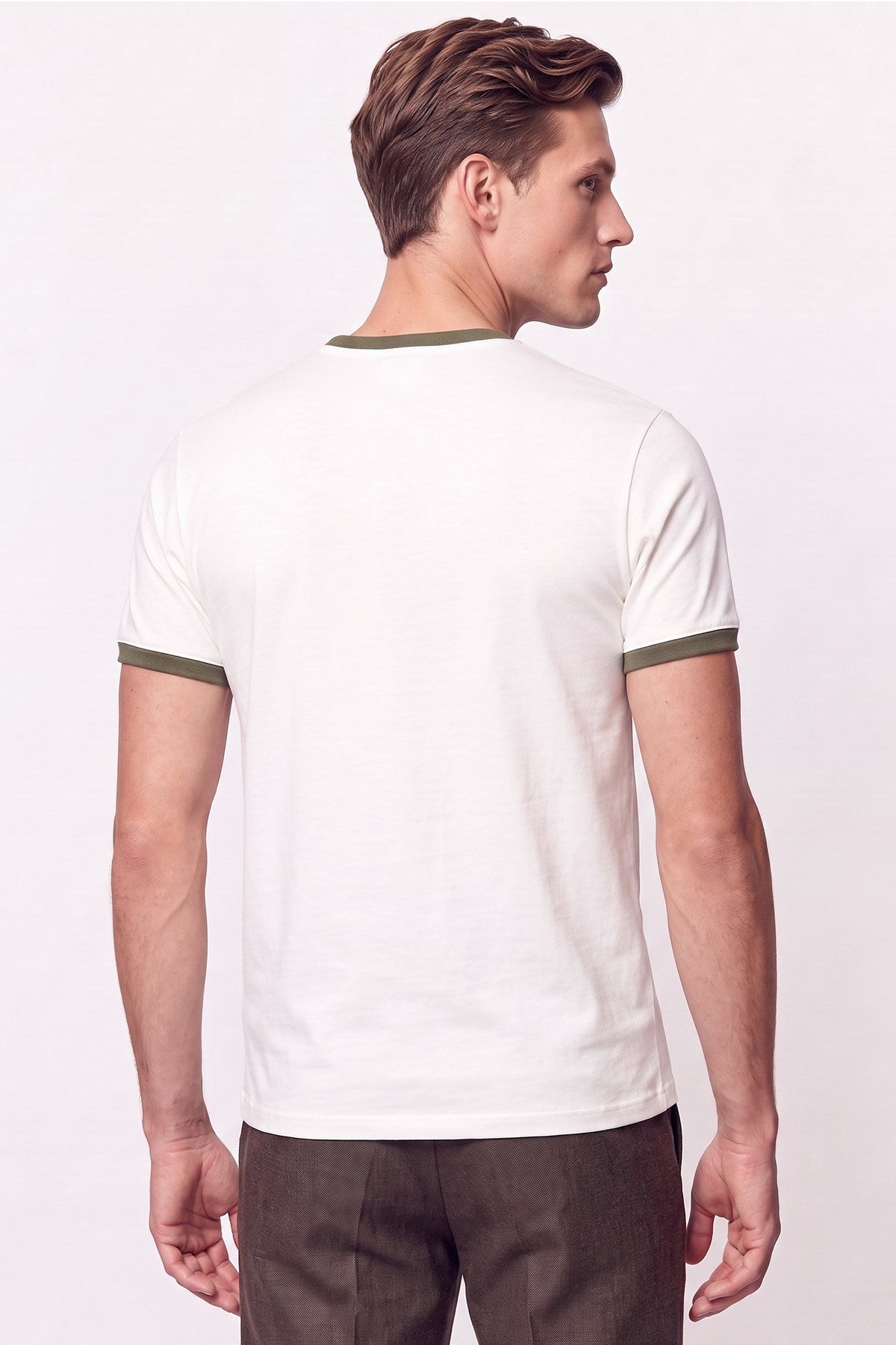 Slim Fit Bisiklet Yaka Ekru - Haki Tişört Ts 932